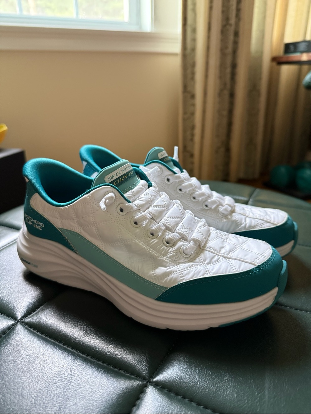 Skechers Women’s White Teal Lace-Up slip-ins cozy fit Walking Sneakers